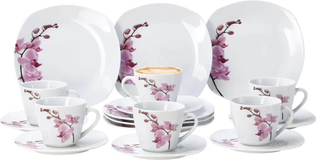 Kaffeeservice 18-tlg. Kyoto Orchidee Leicht Eckig Porzellan Für 6 Personen Weiß MitNachbildung 1 Kaffeeservice 18-tlg. Kyoto Orchidee Leicht Eckig Porzellan Für 6 Personen Weiß MitNachbildung