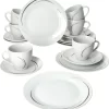 Van Well 18tlg. Kaffee-Service Home Für 6 Personen I 6x Tasse 180ml, 6x Untertasse + 6x Kuchenteller I Porzellan-Geschirr Mit Streifen In Grau, Schwarz & Creme I Kaffeepott, Dessert-Teller