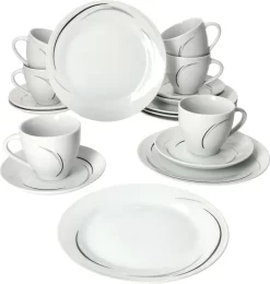 Van Well 18tlg. Kaffee-Service Home Für 6 Personen I 6x Tasse 180ml, 6x Untertasse + 6x Kuchenteller I Porzellan-Geschirr Mit Streifen In Grau, Schwarz & Creme I Kaffeepott, Dessert-Teller