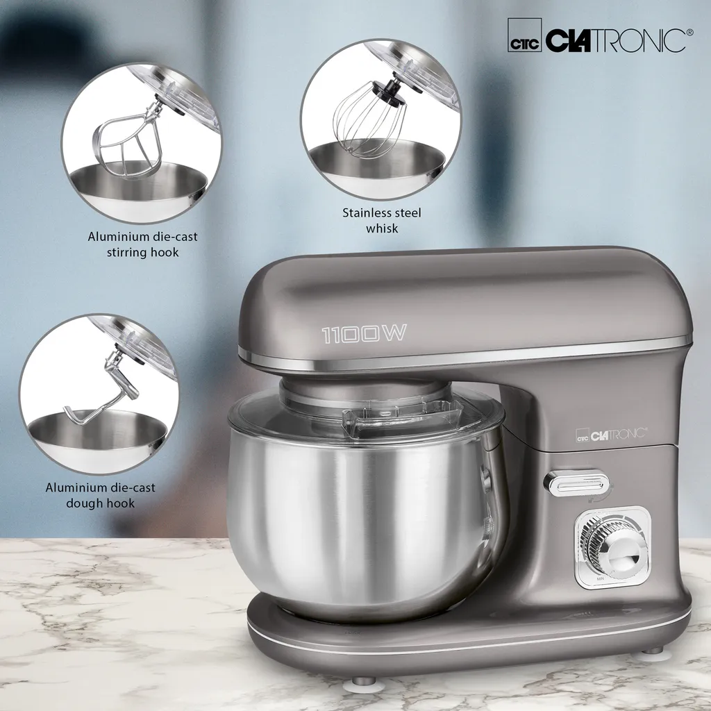 Clatronic Knetmaschine KM 3712 Inkl. Transparentem Spritzschutzdeckel Mit Nachfüllöffnung, 1100 Watt, 5 Liter, Schwenkbarer Multifunktionsarm, Titan 3 Clatronic Knetmaschine KM 3712 Inkl. Transparentem Spritzschutzdeckel Mit Nachfüllöffnung, 1100 Watt, 5 Liter, Schwenkbarer Multifunktionsarm, Titan – Bild 3