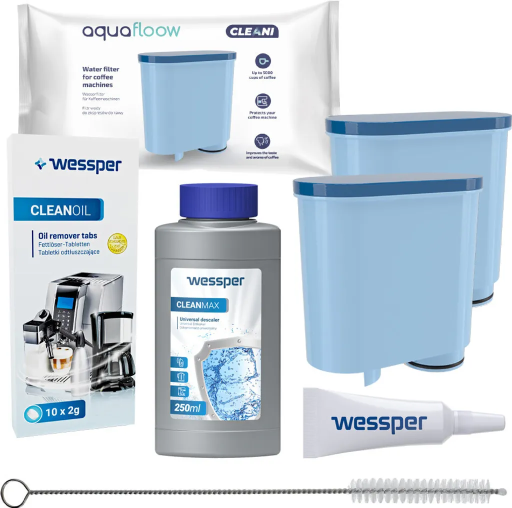 2x AquaFloow Cleani Wasserfilter Für Saeco/Philips Espressomaschinen (Saeco AquaClean CA6903/00 Und Philips AquaClean CA6903/10) + Wessper CleanOil Reinigungstabletten + Wessper CleanMax Entkalker 250ml + Fett 1 2x AquaFloow Cleani Wasserfilter Für Saeco/Philips Espressomaschinen (Saeco AquaClean CA6903/00 Und Philips AquaClean CA6903/10) + Wessper CleanOil Reinigungstabletten + Wessper CleanMax Entkalker 250ml + Fett
