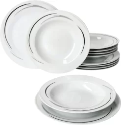 Mambo-Cat Kaffee-Tasse Porzellan-Becher Geschirr-Set Schüssel Bowl-Schale Tafel-Zubehör Suppen-Schälchen Speise-Teller Käse-Wurst Ess-Platte Frühstücks-Buffet Brunch Kuchen-Dessert Home Streifen-Grau Schwarz-Creme Kombi-Service Sechs-Personen -Küchenkochgeschirr Geschäft 3d4d45593f3714bde53bf44580a7525a