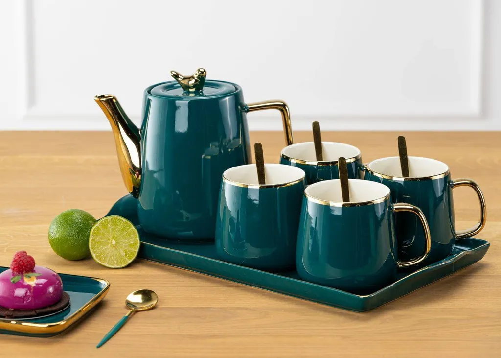 HowHomely Kaffeeservice Keramik 4 Personen - Teeservice 10-tlg. - Grün-Gold 2 HowHomely Kaffeeservice Keramik 4 Personen - Teeservice 10-tlg. - Grün-Gold – Bild 2