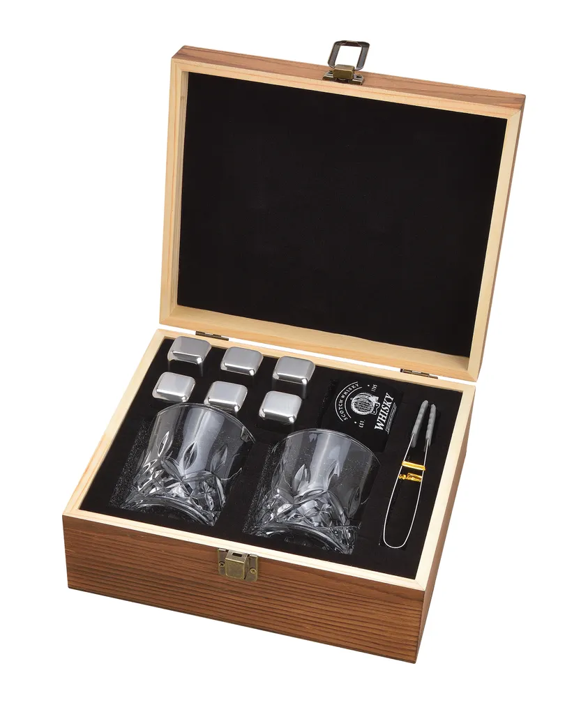 Whisky Geschenk-Set Mit 2 Gläsern, Eiswürfeln Aus Edelstahl, Zange, Samtbeutel In Einer Schönen Holzbox 7 Whisky Geschenk-Set Mit 2 Gläsern, Eiswürfeln Aus Edelstahl, Zange, Samtbeutel In Einer Schönen Holzbox – Bild 7