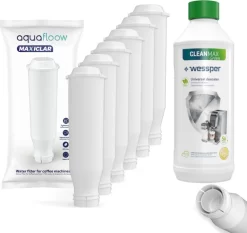 Espressomaschinen-Set: 6x AquaFloow MaxiClar Wasserfilter Für Krups Nivona Espressomaschine (Ersatz NIRF 700 / F088) + Wessper CleanMax Green Universal Entkalker Für Espressomaschine, Wasserkocher, Bügeleisen 500ml