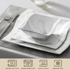 MALACASA, Serie Flora, 26 Tlg. Marmor Porzellan Geschirrset Kombiservice Tafelservice Mit 6 Schalen, 6 Dessertteller, 6 Suppenteller, 6 Speiseteller, 2 Rechteckigen Platten -Küchenkochgeschirr Geschäft 7700595dbcced7e0edbd9e60547fe846