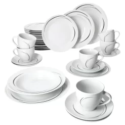 Mambo-Cat Kaffee-Tasse Porzellan-Becher Geschirr-Set Schüssel Bowl-Schale Tafel-Zubehör Suppen-Schälchen Speise-Teller Käse-Wurst Ess-Platte Frühstücks-Buffet Brunch Kuchen-Dessert Home Streifen-Grau Schwarz-Creme Kombi-Service Sechs-Personen