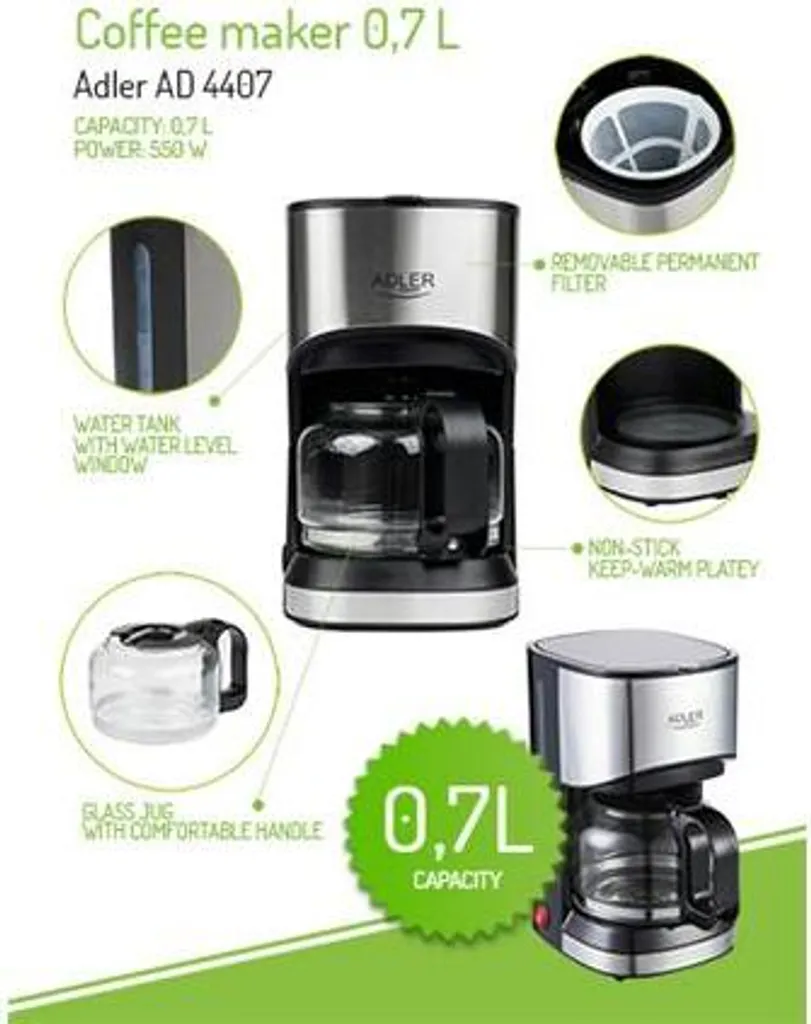 Adler AD-4407 Tropfkaffeemaschine 8 Tassen, Edelstahl, BPA-frei, 550 W, 550 W, 0,7 Liter, Schwarz Und Grau 6 Adler AD-4407 Tropfkaffeemaschine 8 Tassen, Edelstahl, BPA-frei, 550 W, 550 W, 0,7 Liter, Schwarz Und Grau – Bild 6