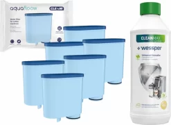 Set Für Espressomaschinen: 6x AquaFloow Cleani Wasserfilterpatrone Für Saeco/Philips Espressomaschinen + Wessper CleanMax Green 500ml Entkalker