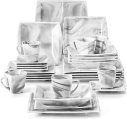 MALACASA, Serie Blance, Kombiservice 30 Tlg. Marmor Porzellan Geschirrset Eckig Tafelservice Mit 180 Ml Kaffeetassen, Untertassen, Dessertteller, Tiefteller Und Flachteller