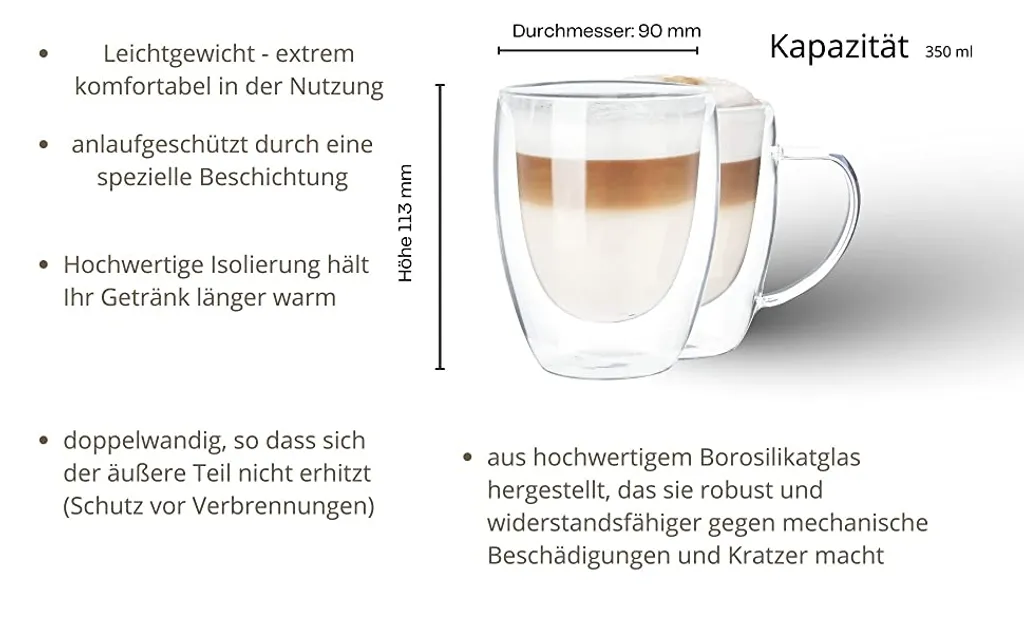 Wessper Doppelwandig Kaffeegläser Mit Henkel, 6 Stück X 350 Ml, Großes Hitzebeständiges Doppelwandglas, Thermogläser, Kaffeegläser Temperaturbeständig Mokkatassen, Teegläser, Latte Machiatto Gläser 6 Wessper Doppelwandig Kaffeegläser Mit Henkel, 6 Stück X 350 Ml, Großes Hitzebeständiges Doppelwandglas, Thermogläser, Kaffeegläser Temperaturbeständig Mokkatassen, Teegläser, Latte Machiatto Gläser – Bild 6