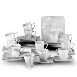 MALACASA, Serie Blance, 36 Tlg. Set Marmor Porzellan Kaffeeservice Geschirrset, Mit 12 Stück Kuchenteller, 12 Stück 180ml Tasse Und 12 Stück Untertasse Für 12 Personen