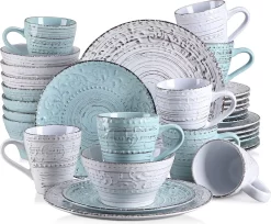 Tafelservice Steingut, Vancasso VINE Ess Geschirrset, 32-teiliges Kombiservice Mit Je 8 Speisetellern, Kuchentellern, Schalen Und Tassen Für 8 Personen, Geprägte Liane