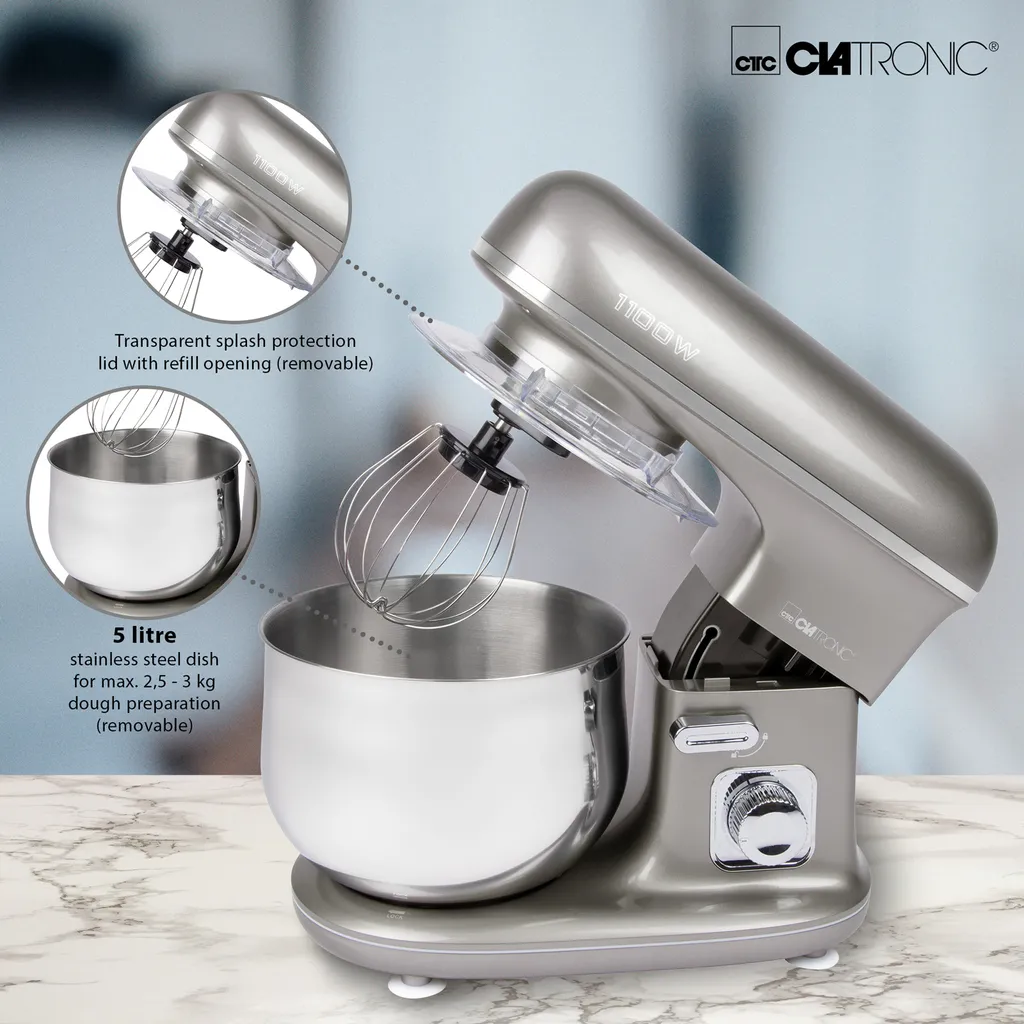 Clatronic Knetmaschine KM 3712 Inkl. Transparentem Spritzschutzdeckel Mit Nachfüllöffnung, 1100 Watt, 5 Liter, Schwenkbarer Multifunktionsarm, Titan 2 Clatronic Knetmaschine KM 3712 Inkl. Transparentem Spritzschutzdeckel Mit Nachfüllöffnung, 1100 Watt, 5 Liter, Schwenkbarer Multifunktionsarm, Titan – Bild 2