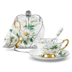 Panbado Kaffeeservice Set Aus Premium Bone China Porzellan, Beinhaltet 2 Kaffeetassen, 2 Untertassen, 2 Löffel, 1-tlg Metallständer