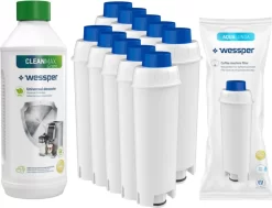 Espressomaschinen-Set: 10x Wessper AquaLunga Wasserfilterpatrone Für DeLonghi Espressomaschinen (SER3017 DLS C002) + Wessper CleanMax 500ml Entkalker