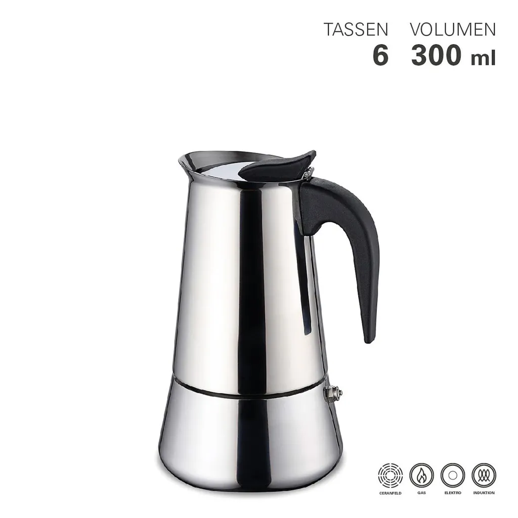 Edelstahl Espressokocher 6 Tassen Mokkakanne Induktion Sicherheitsventil 300 Ml