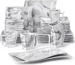 MALACASA, Serie Flora, 32 Tlg. Marmor Porzellan Geschirrset Kombiservice Tafelservice Mit 6 Schalen, 6 Dessertteller, 6 Suppenteller, 6 Speiseteller, 6 Becher Und 2 Rechteckige Servierplatte